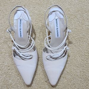 Manolo Blahnik ivory satin slingbacks